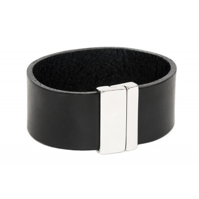Black classic women's leather bracelet with a shiny steel clasp