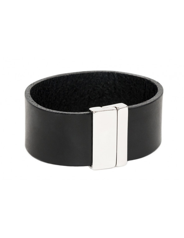 Black classic women's leather bracelet with a shiny steel clasp