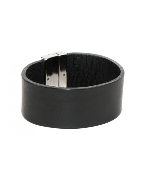 Black classic women's leather bracelet with a shiny steel clasp