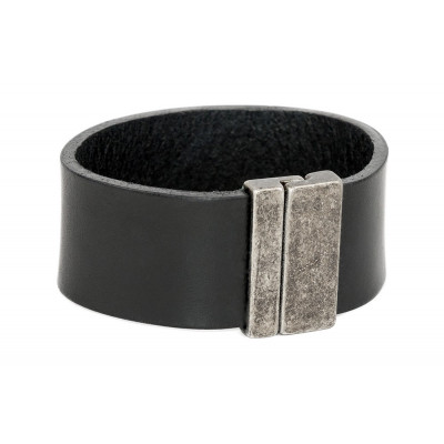 Black classic women's leather bracelet with a matte stainless steel magnetic clasp