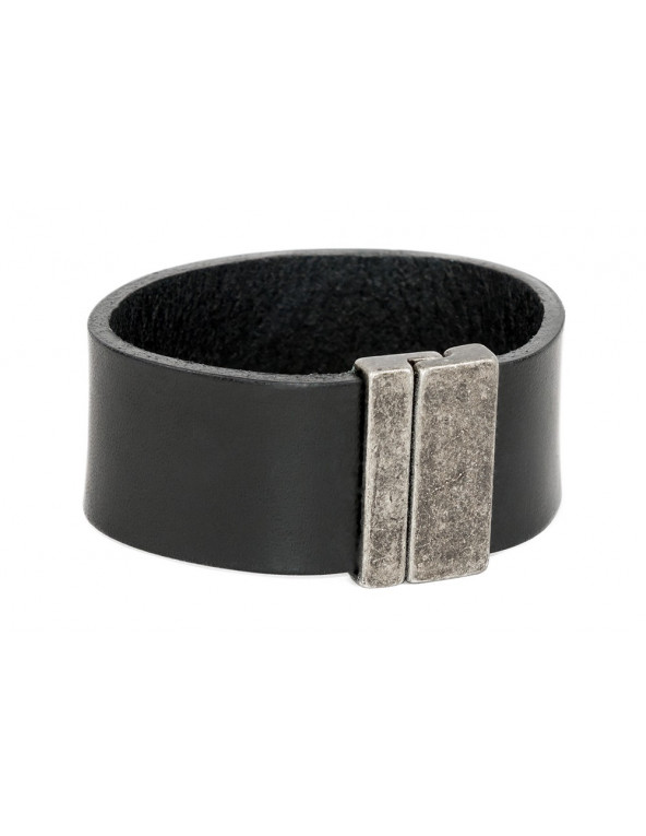 Black classic women's leather bracelet with a matte stainless steel magnetic clasp