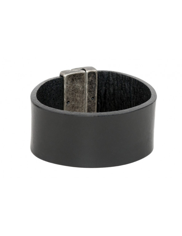 Black classic women's leather bracelet with a matte stainless steel magnetic clasp