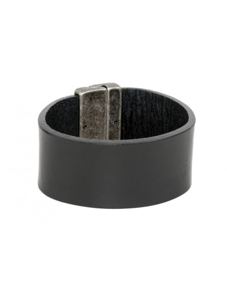 Black classic women's leather bracelet with a matte stainless steel magnetic clasp