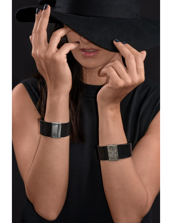 Black classic women's leather bracelet with a matte stainless steel magnetic clasp