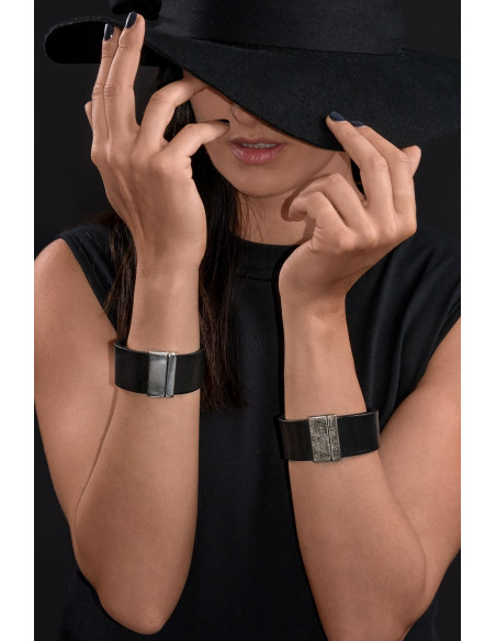 Black classic women's leather bracelet with a matte stainless steel magnetic clasp