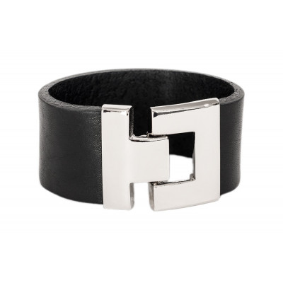 Black women's leather bracelet with a shiny steel clasp