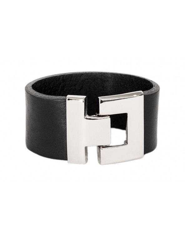 Black women's leather bracelet with a shiny steel clasp