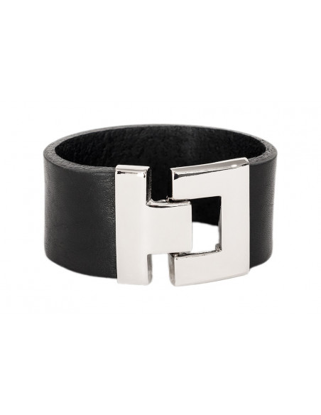 Black women's leather bracelet with a shiny steel clasp