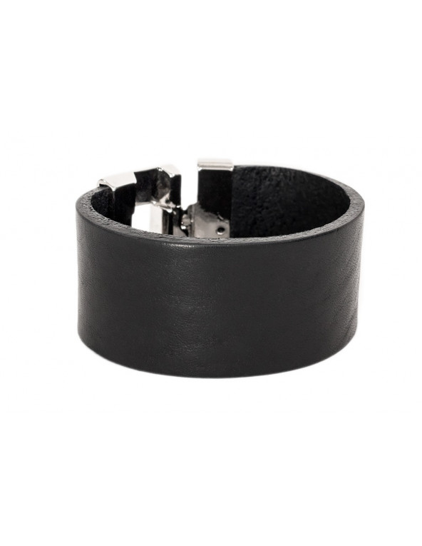 Black women's leather bracelet with a shiny steel clasp