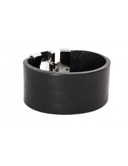 Black women's leather bracelet with a shiny steel clasp