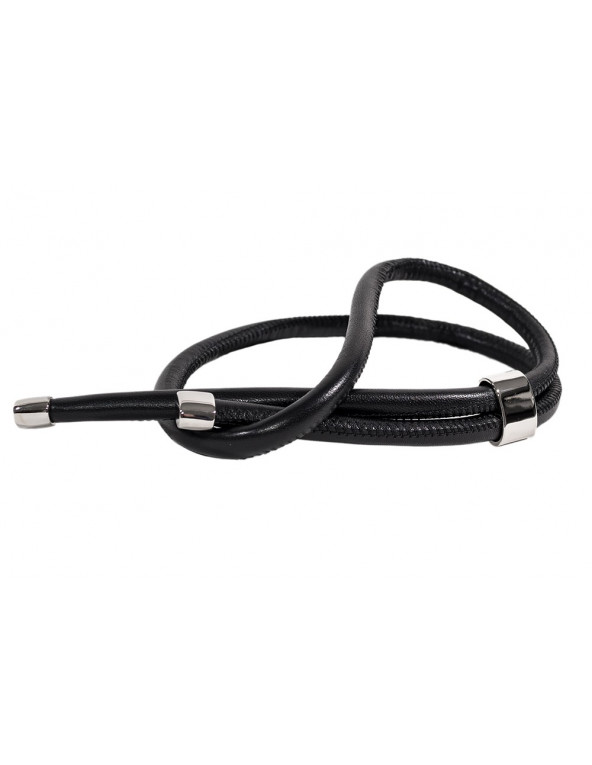 Adjustable black leather necklace with shiny stainless steel slider