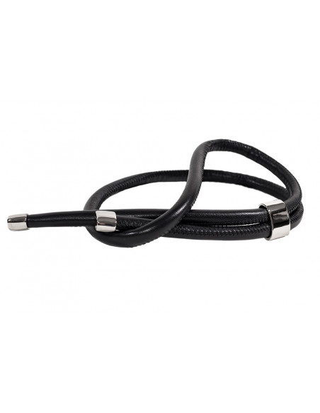 Adjustable black leather necklace with shiny stainless steel slider