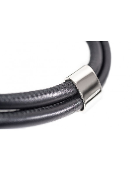 Adjustable black leather necklace with shiny stainless steel slider