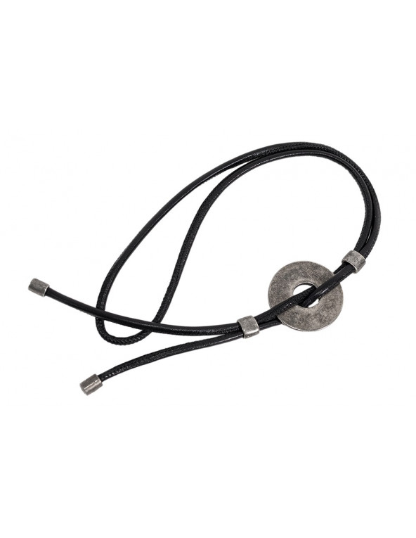 Adjustable black leather necklace with matte stainless steel circular pendant