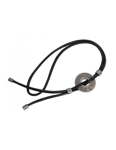 Adjustable black leather necklace with matte stainless steel circular pendant
