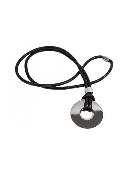 Black leather necklace with shiny stainless steel circular pendant
