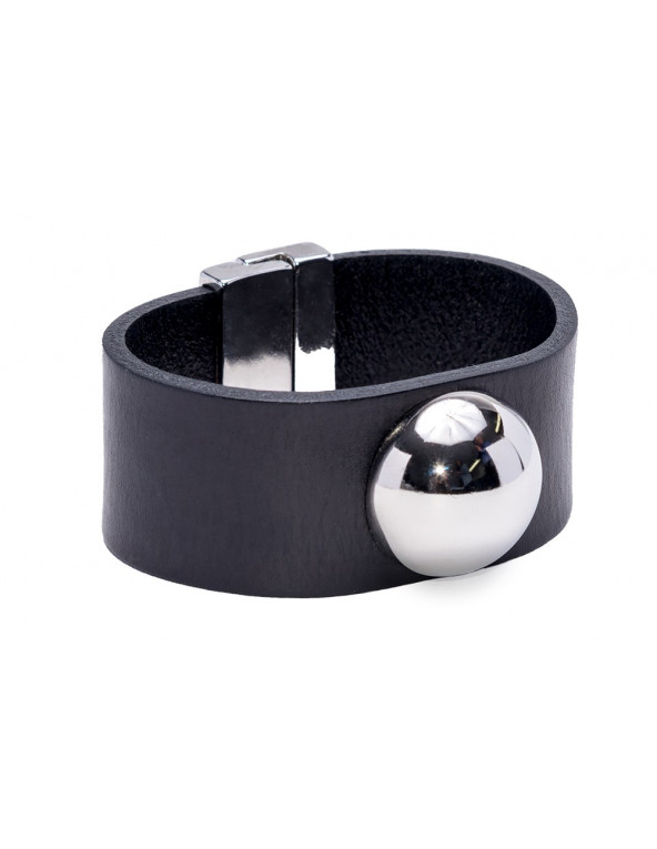 Black leather bracelet with a shiny stainless steel bead and magnetic clasp