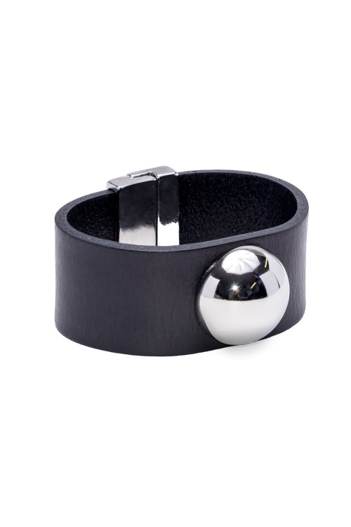 Black leather bracelet with a shiny stainless steel bead and magnetic clasp
