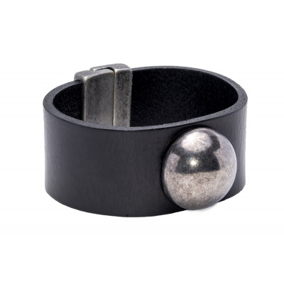 Black leather bracelet with a matte stainless steel sphere and magnetic clasp – modern design