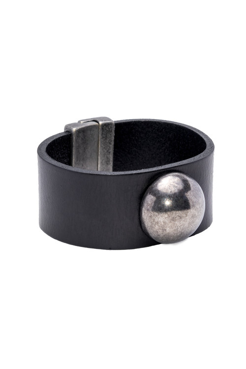 Black leather bracelet with a matte stainless steel sphere and magnetic clasp – modern design