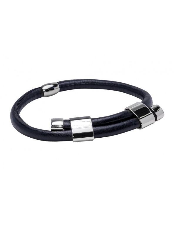 Adjustable black leather choker with shiny stainless steel element