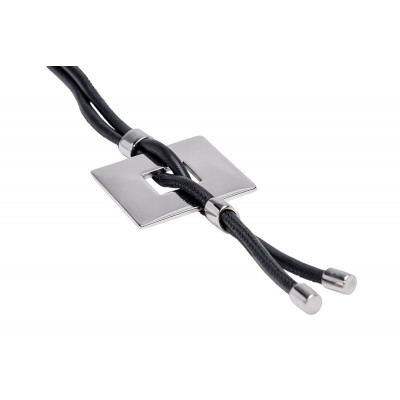Black leather necklace with shiny stainless steel square pendant