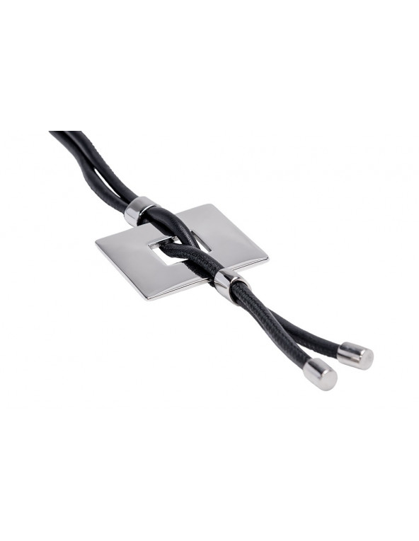 Black leather necklace with shiny stainless steel square pendant