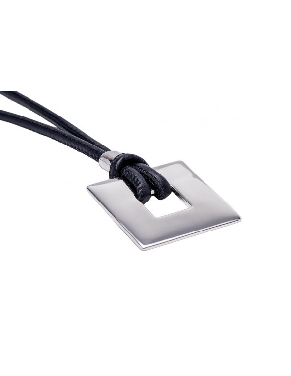 Black leather necklace with shiny stainless steel square pendant
