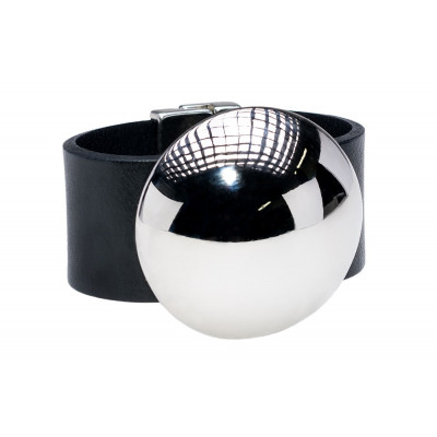 Leather bracelet with a large shiny stainless steel sphere and magnetic clasp – modern, handmade