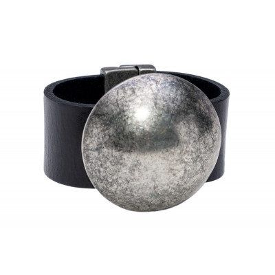 Black leather bracelet with wide matte steel sphere and minimalist design