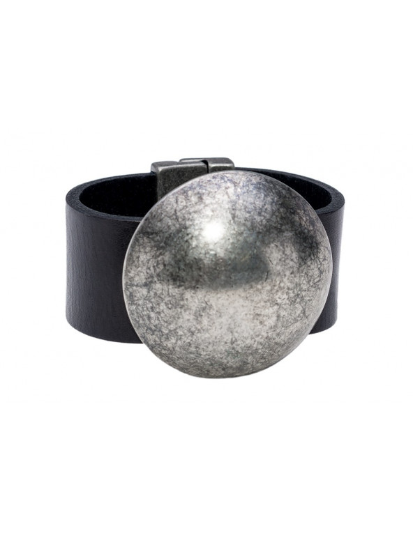 Black leather bracelet with wide matte steel sphere and minimalist design
