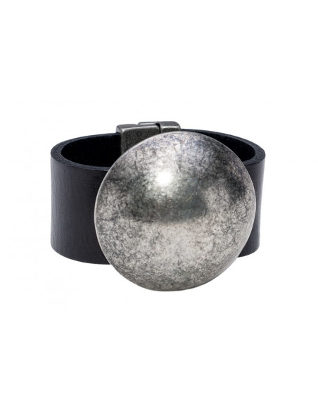 Black leather bracelet with wide matte steel sphere and minimalist design