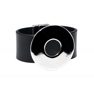 Black leather bracelet with polished circular steel detail