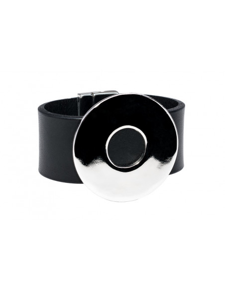 Black leather bracelet with polished circular steel detail