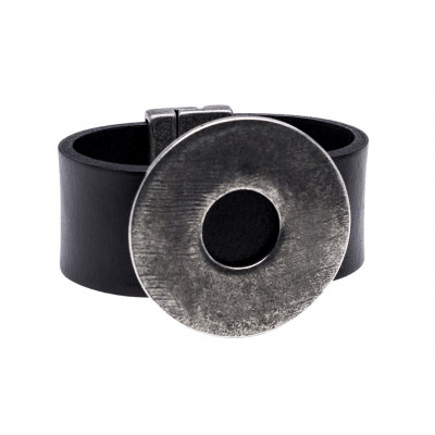 Black leather bracelet with matte steel circle in a wide, geometric design