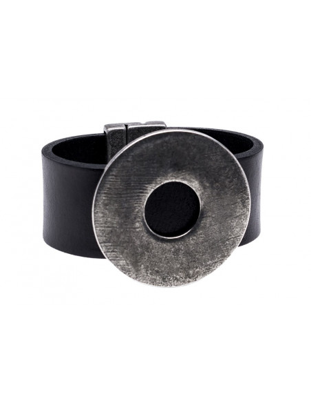 Black leather bracelet with matte steel circle in a wide, geometric design