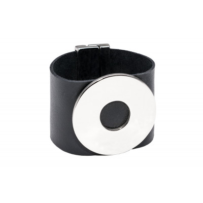 Wide black leather bracelet with polished stainless steel element