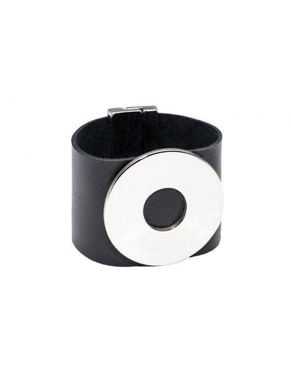 Wide black leather bracelet with polished stainless steel element