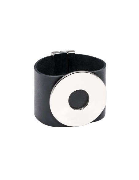 Wide black leather bracelet with polished stainless steel element