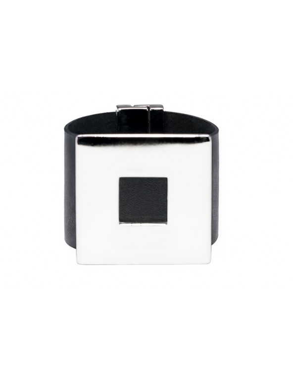 Black wide women's leather bracelet with a shiny square accent and magnetic clasp