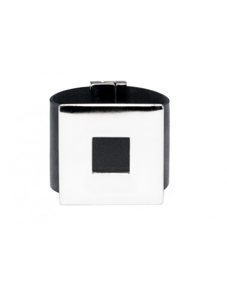 Black wide women's leather bracelet with a shiny square accent and magnetic clasp