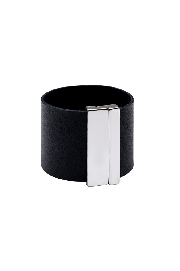 Wide black leather bracelet with glossy stainless steel clasp