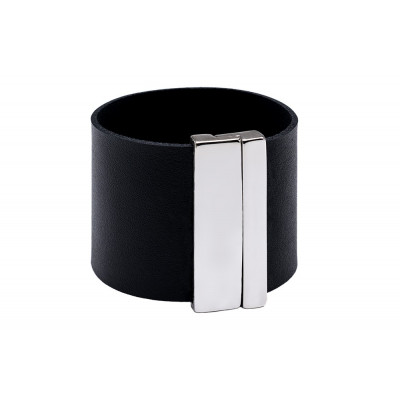 Wide black leather bracelet with glossy stainless steel clasp