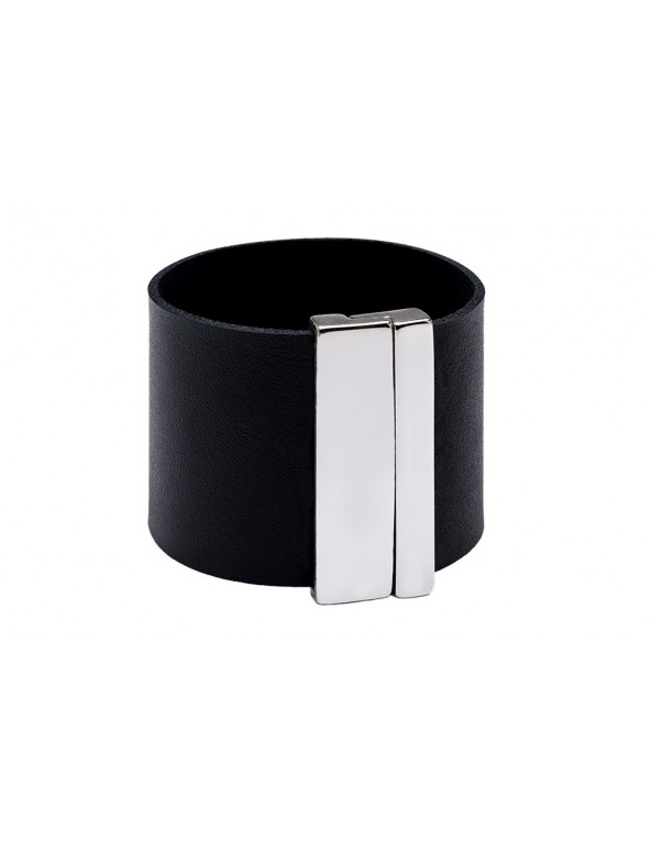 Wide black leather bracelet with glossy stainless steel clasp