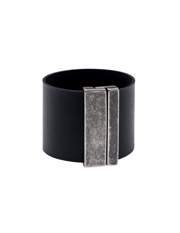 Black wide leather bracelet with matte stainless steel magnetic clasp