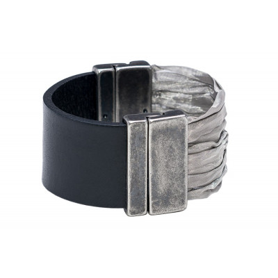 Black women's leather bracelet with stainless steel mesh and matte magnetic clasp