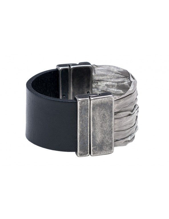 Black women's leather bracelet with stainless steel mesh and matte magnetic clasp