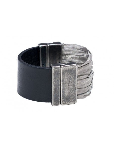 Black women's leather bracelet with stainless steel mesh and matte magnetic clasp