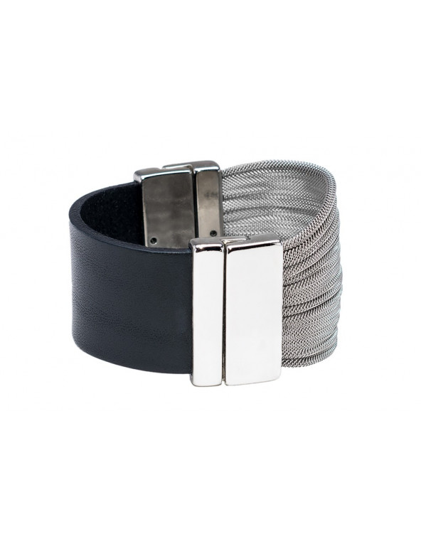 Women's bracelet made of stainless steel mesh and natural leather with a shiny magnetic clasp