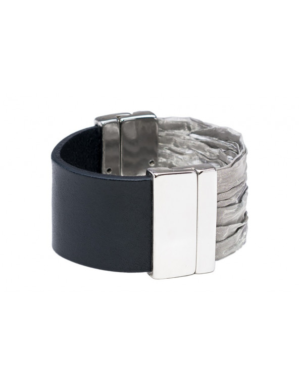 Black women's leather bracelet with stainless steel mesh and a shiny magnetic clasp